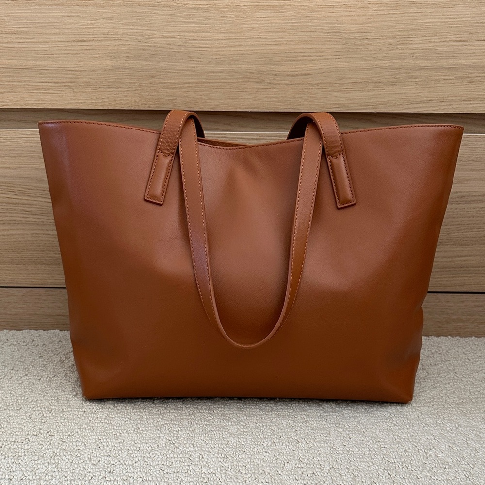 Quinn’s classic Italian leather tote, cognac, EUC